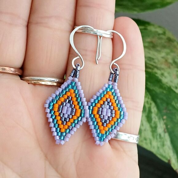 Boho Chic Beaded Dangle Earrings, Seed Bead Jewelry, Geometric, 2" - Picture 4 of 4